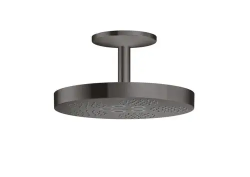 Kopfbrause mit Deckenanschluss in Brushed Black Chrome von AXOR, rund mit unterschiedlichem Strahlmuster, montiert an einem senkrechten Rohr.